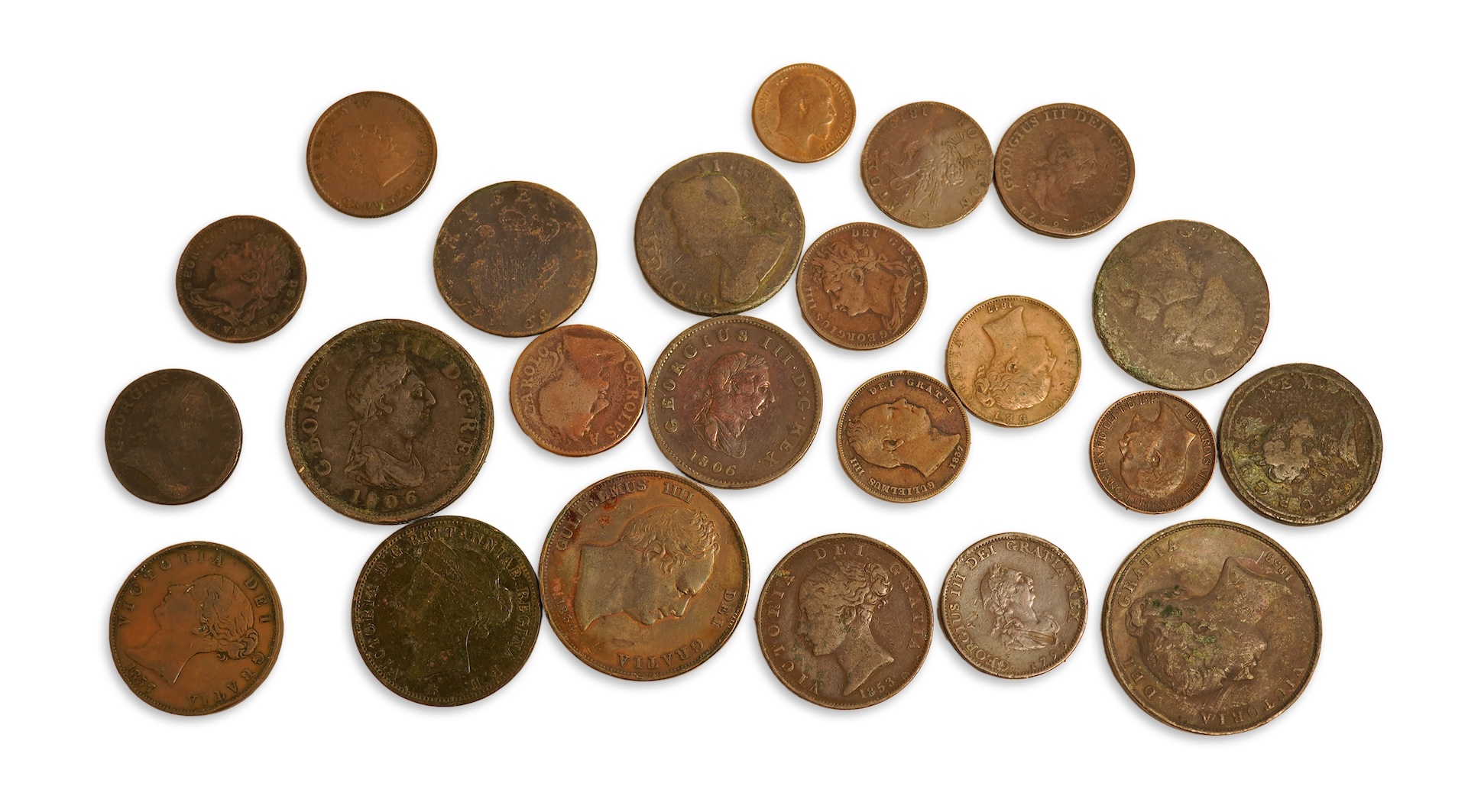 Twenty three copper coins including a William IV penny